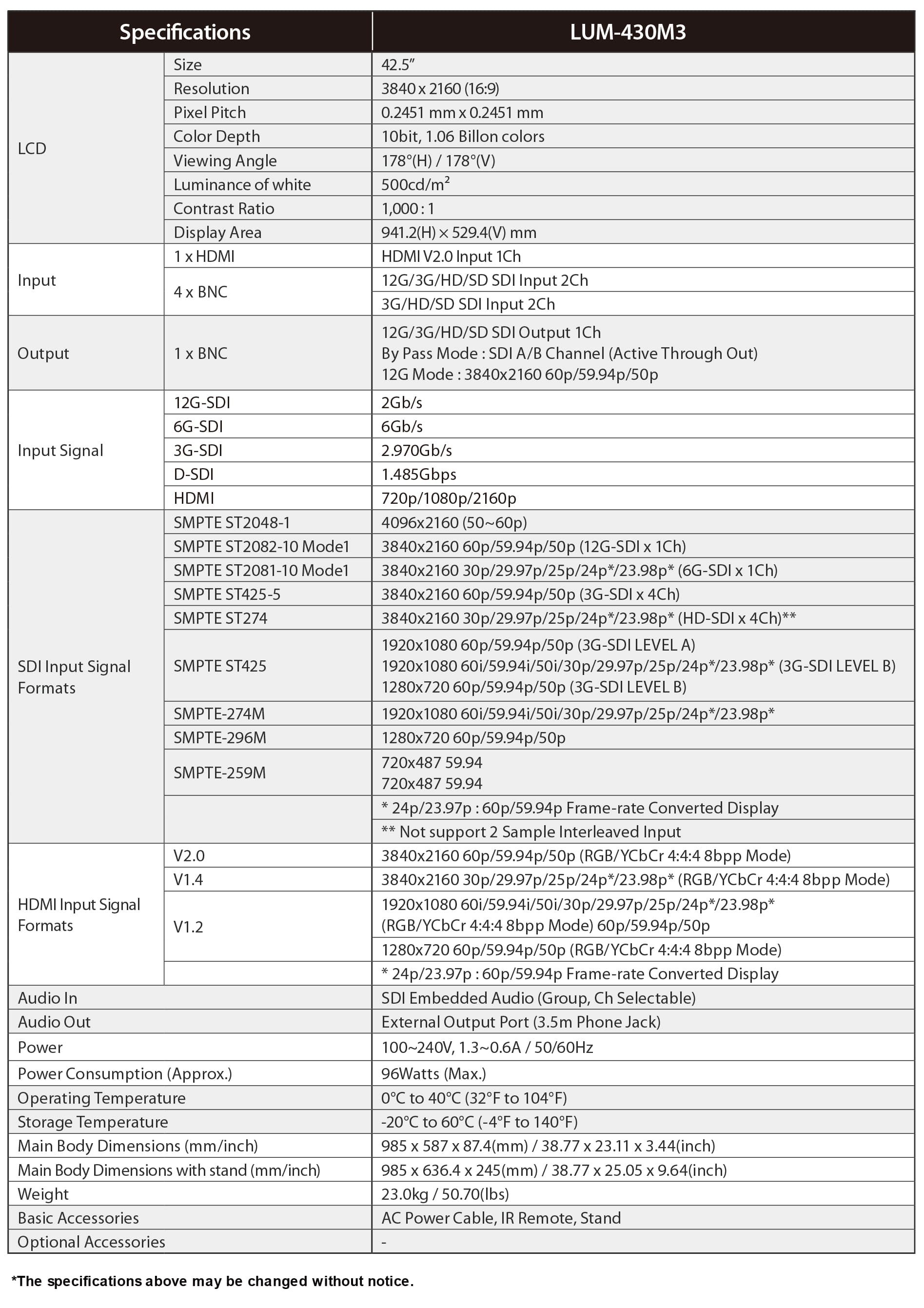 LUM-550H Specification